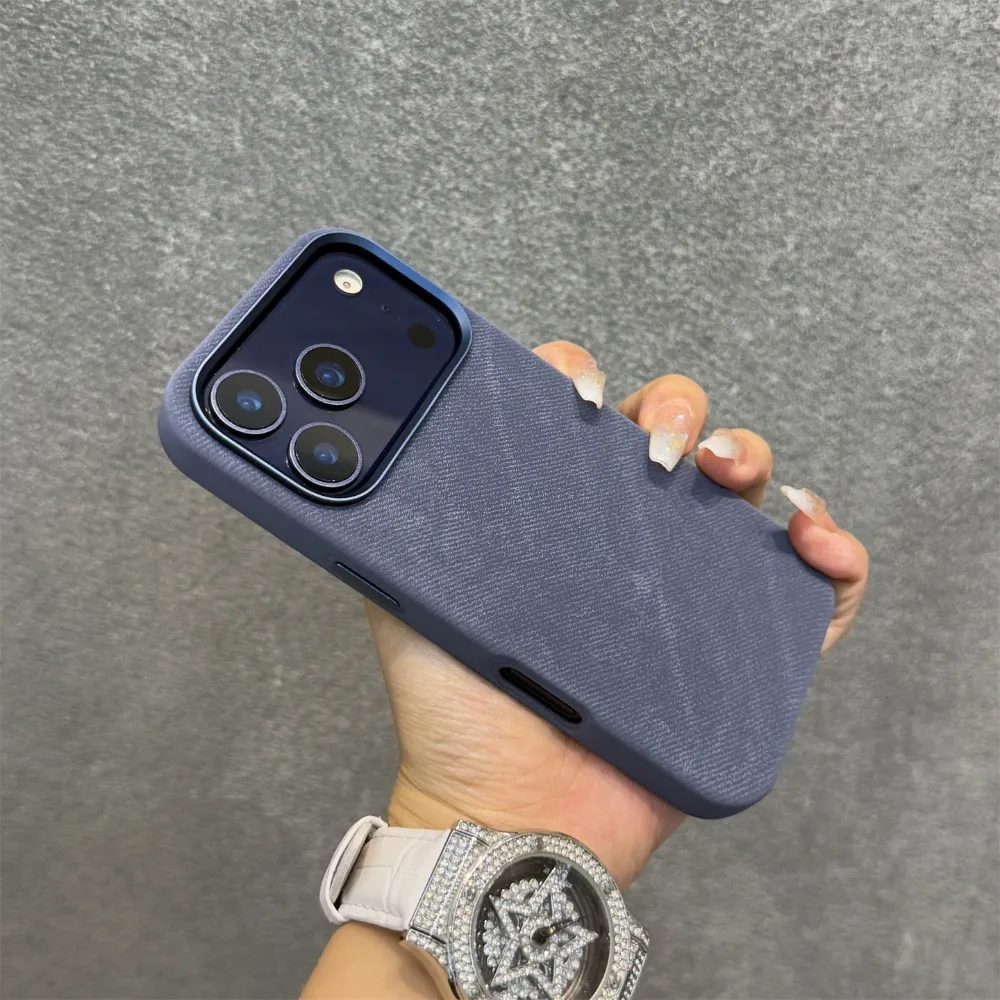 Dark Blue Fleece Leather Business Phone Case with Large Cutout Design