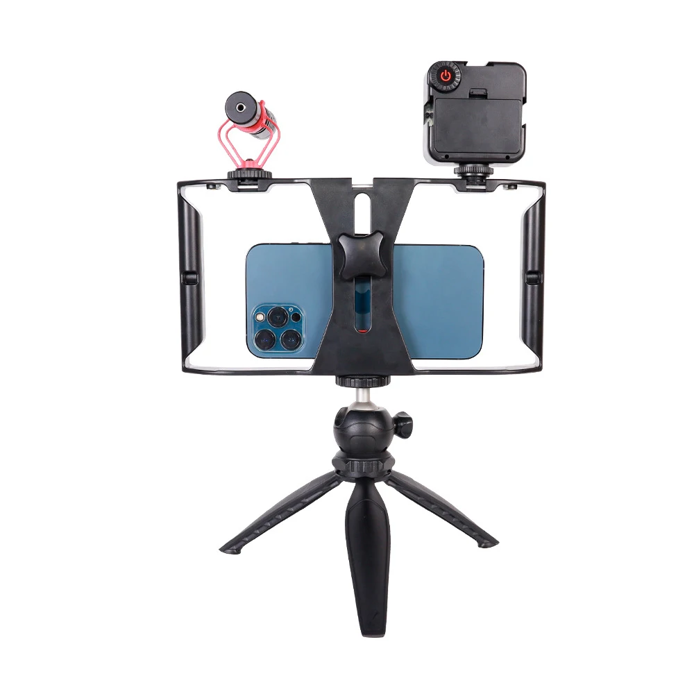 Dual Handle Smartphone Video Rig Portable Handheld Phone Cage Filmmaking Case with Cold Shoe Mount for Live Streaming Vlog phone cage phone shooting rig