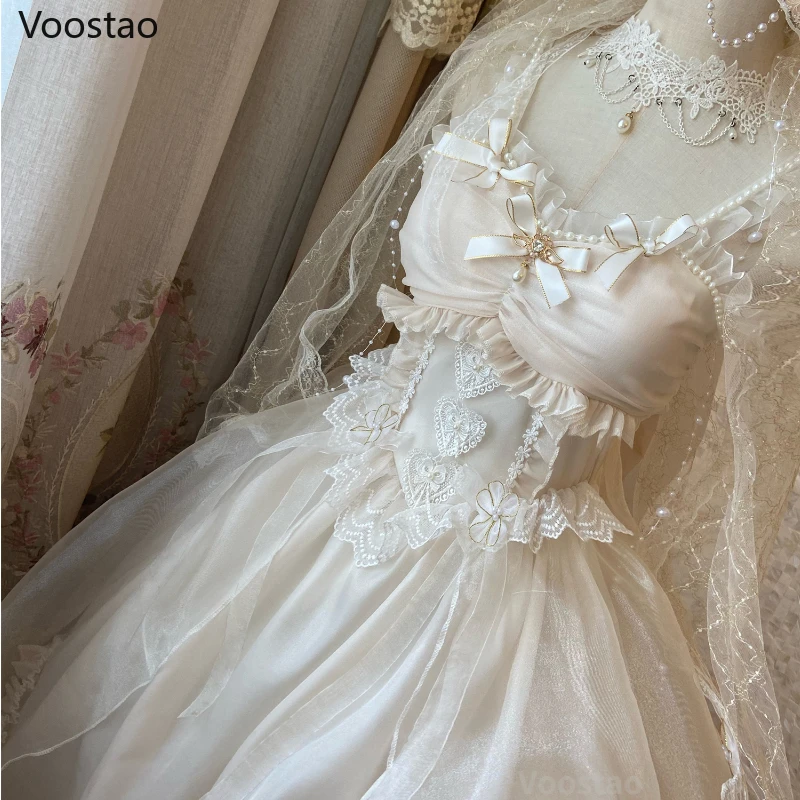 Sweet Lolita Princess Jsk Dress Women Elegant Mesh Lace Pearl Bow Party Wedding Dresses Girly Kawaii Sleeveless Trailing Dress