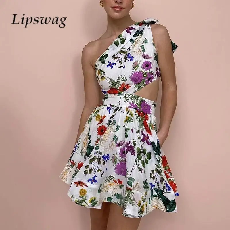 

2024 Sexy Lady Backless Lace-up Pleated Dress Fashion Slant Neck One Shoulder Hollow Out Dress Elegant Flower Print A-Line Dress