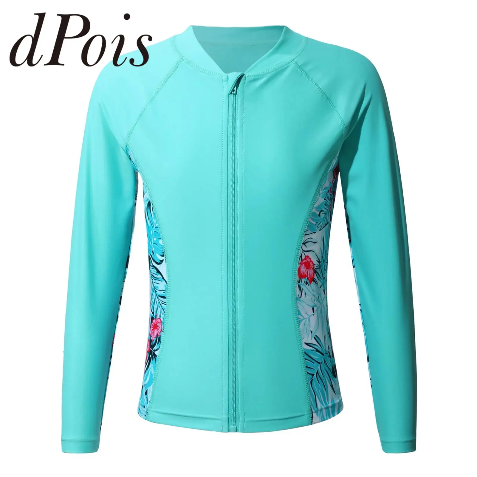 Kids Girls Print Swim Top Rash Guard T-Shirt Long Sleeve Zipper Bathing Tops UPF 50+ Sun Protection Pool Swimming Beach Swimwear