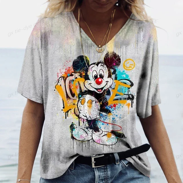 Camiseta de verano 2024 con estampado de Mickey Mouse de Disney, pintura abstracta en 3D, cuello en V para mujer, camiseta holgada informal de calle multicolor para niña