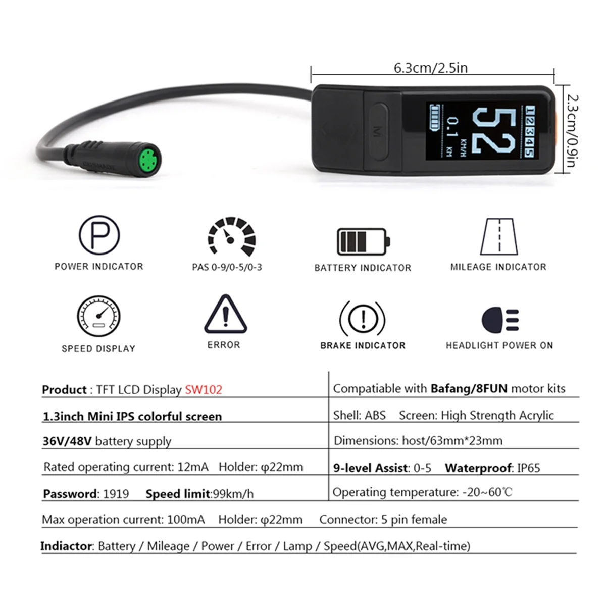 A57T SW102 미니 LCD 디스플레이 Bafang BBS0102 BBSHD M400 G330 G510 M620 5PIN 전기 자전거 중반 모터 36V 48V 52V 750W