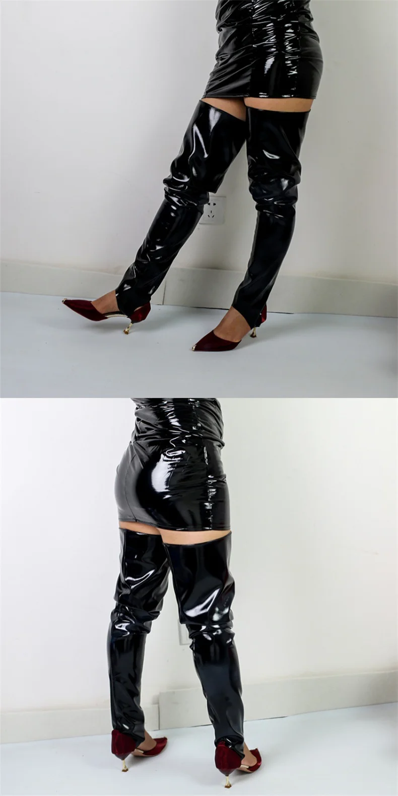 Schwarze offene Beins chützer sexy lange Leders trümpfe Frauen hohe Stiefel Socken Kunst lack Leder Latex Pu Strumpfwaren toeless – Detail 6