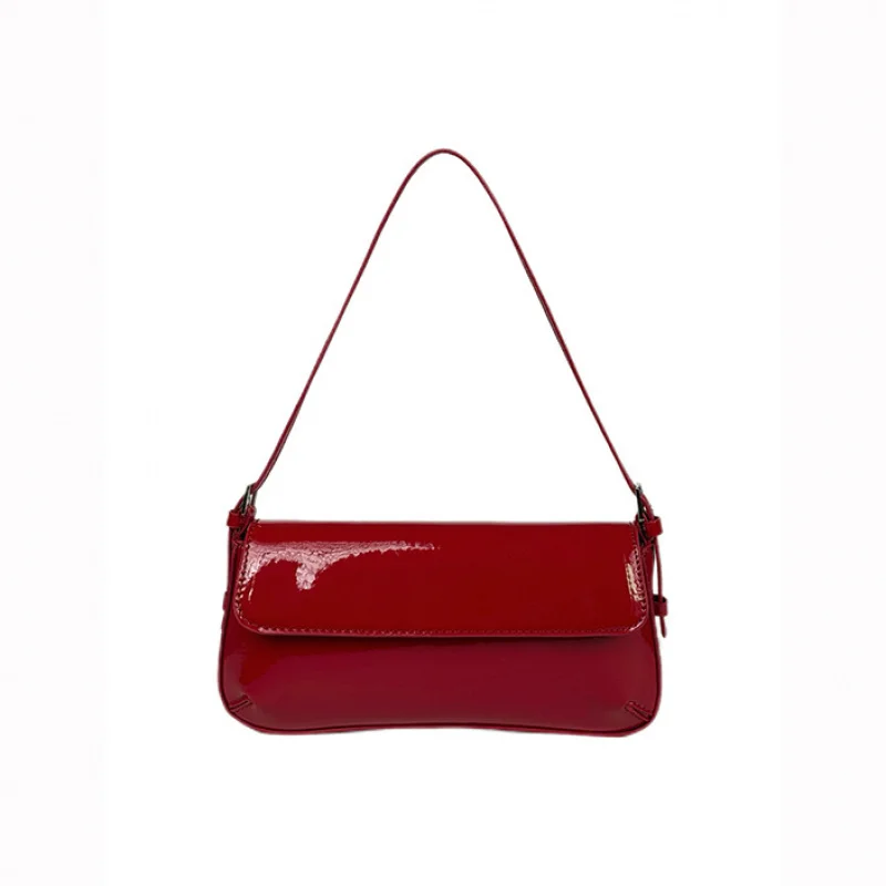 Korean Version Ins Patent Leather Underarm Shoulder Bag 2025 New Fashionable And Simple Commuting Baguette Bag High-End Handbag