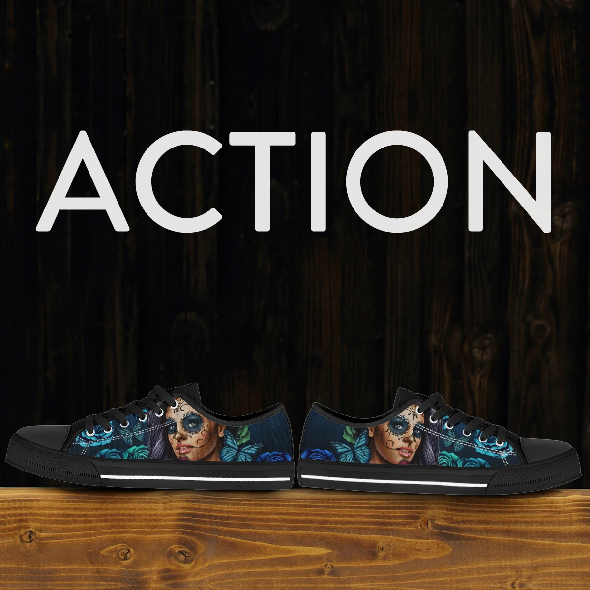 Hot Sale Purple Day Of The Dead Calavera Girl Print Canvas Shoes Lace Up Flat Autumn Breathable Vulcanized Sneakers