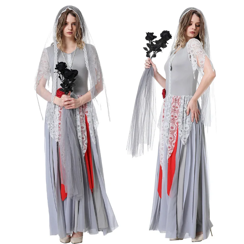 

Ghost Bride Skeleton Cosplay Costumes Halloween Horror Vampire Witch Costume Splice Dress Headdress Halloween Costume for Women