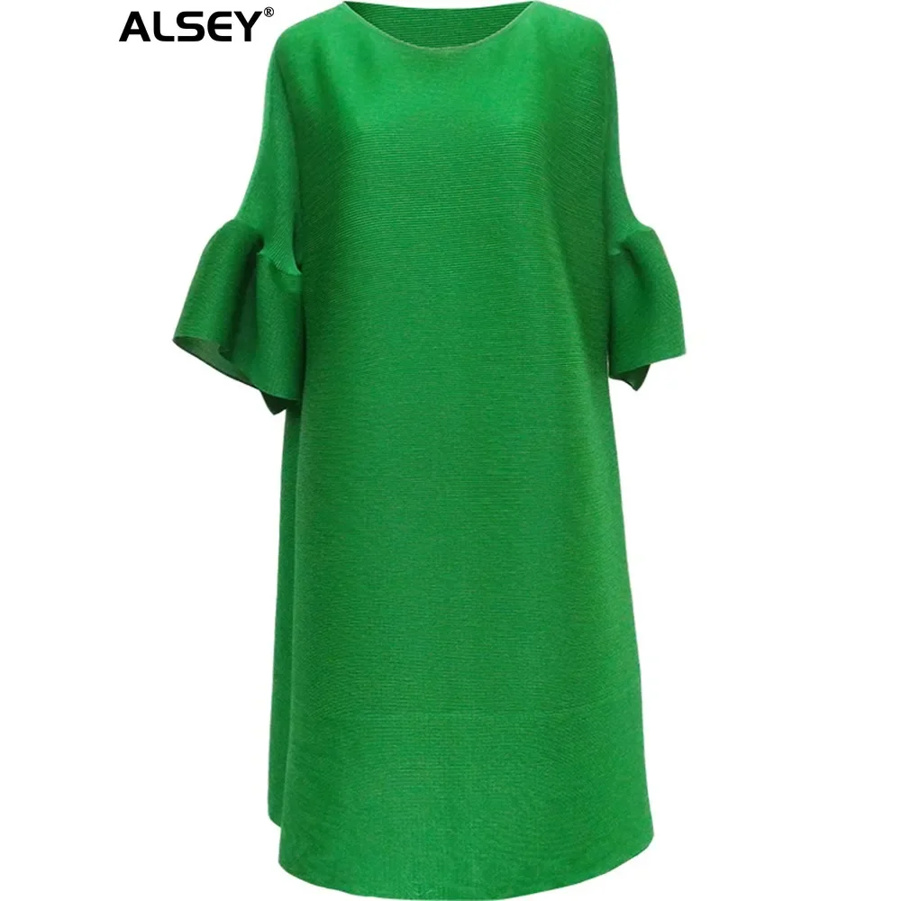 

Платье ALSEY Miyake женское Плиссированное с расклешенными рукавами, свободное однотонное модное Повседневное платье-трапеция с круглым вырезом, на лето