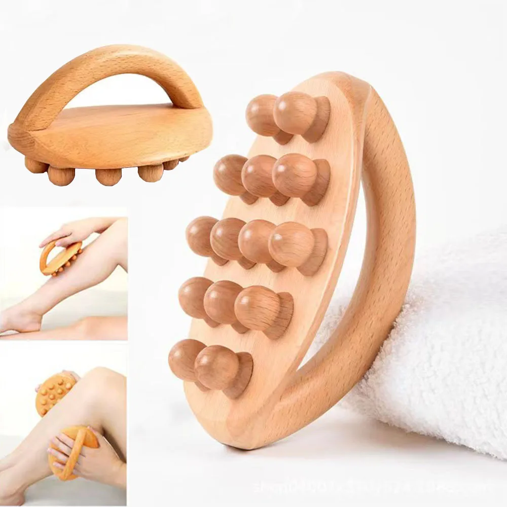 

Handheld Gua Sha Massage Brush 14 Beads Natural Wood Waist Leg Body Meridian Scraping SPA Therapy Anti Cellulite Relaxation Tool