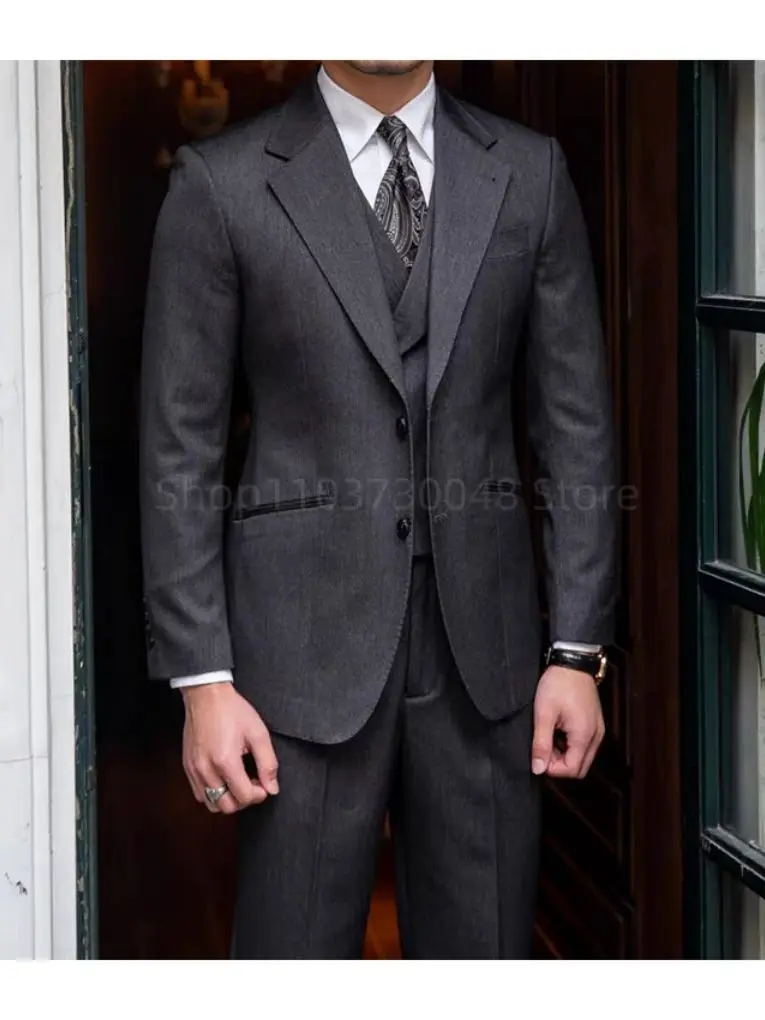Elegant Dark Gray Men's Suits Gentleman Business British Suits Set Banquet Host Casual Wedding Business Suits(Blazer+Vest+Pants)