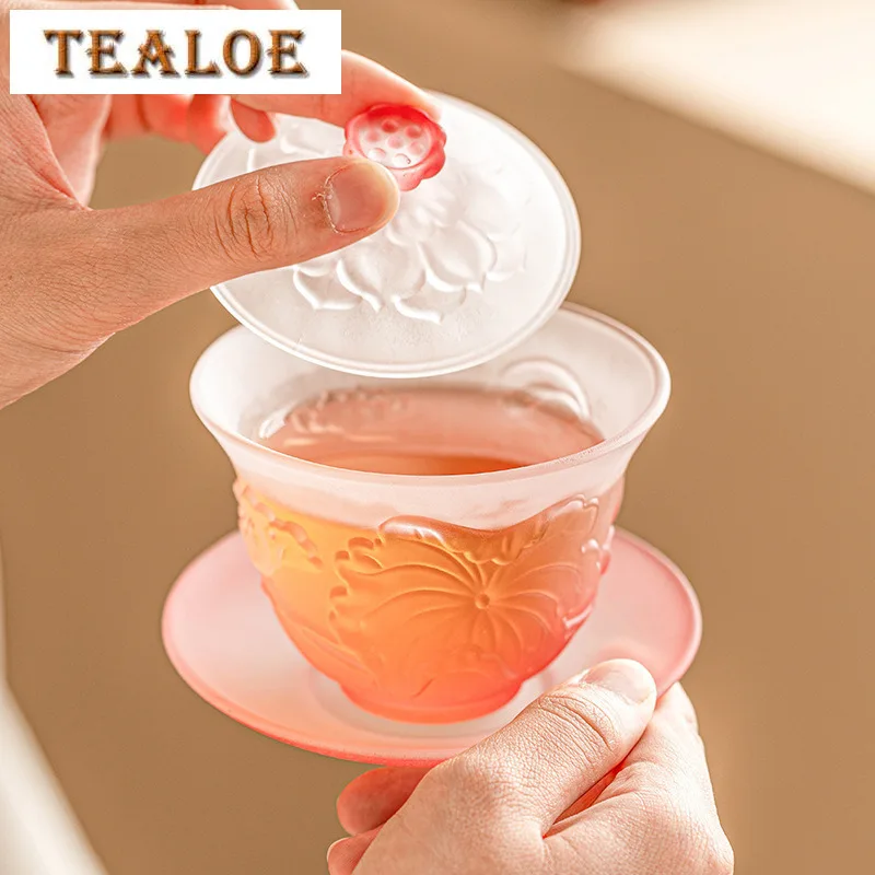 120ml Elegant Gradient Pink Blue Lotus Glass Gaiwan High End Crystal Three Talent Tea Tureen Tea Brewing Cover Bowl Cafes Craft