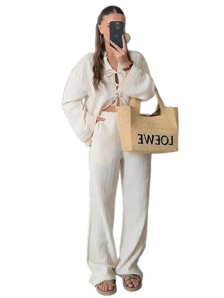 Wmstar Two Piece Set Women Wholesale Woman 2025 Summer New Solid Color Bow Long Sleeved Shirt Wide Leg Trousers Casua Clothing