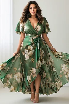 Flycurvy Plus Size Everyday Green Floral Print Wrap Waist Flutter Sleeve Maxi Dress