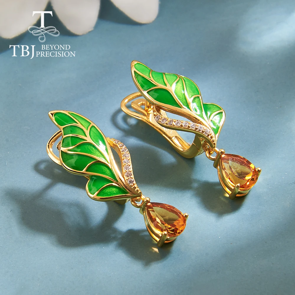 

Natural citrine pear 5*7mm gemstone citrine retro earrings 925 silver fashion lotus leaf shape design women's fine jewelry