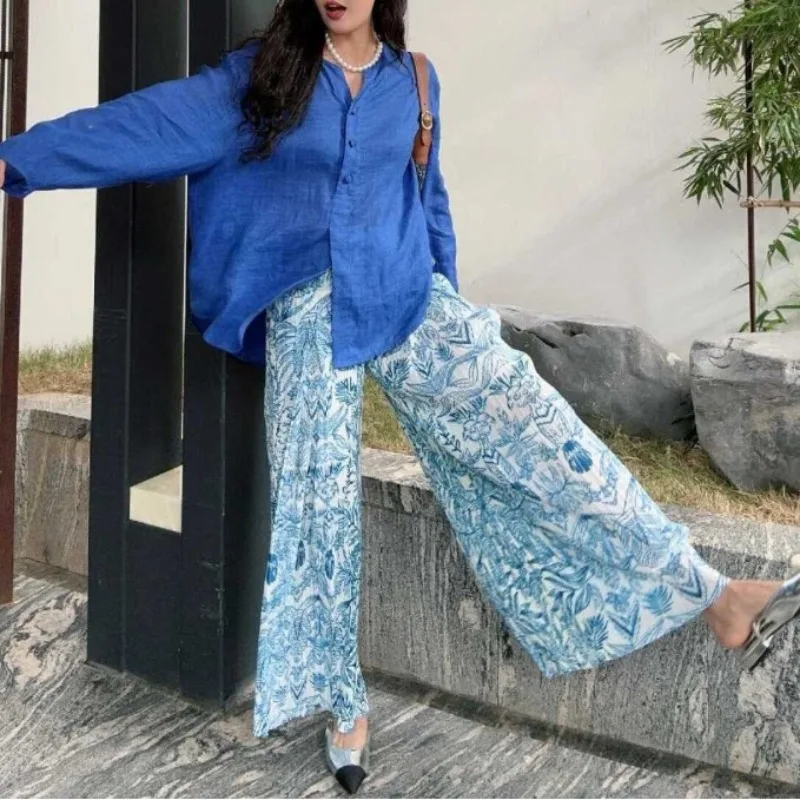 Women's Summer New Retro Minimalist Commute Elastic High-waisted Printed Tie Dye Leopard Ruched Straight Loose Wide Leg Pants