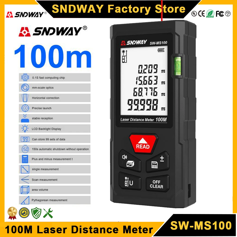 SNDWAY 100M Laser Distance Meter SW-MS100 Digital Rangefinder Laser Measuring Tool Range Finder Professional Meter laser rangefinder distance meter