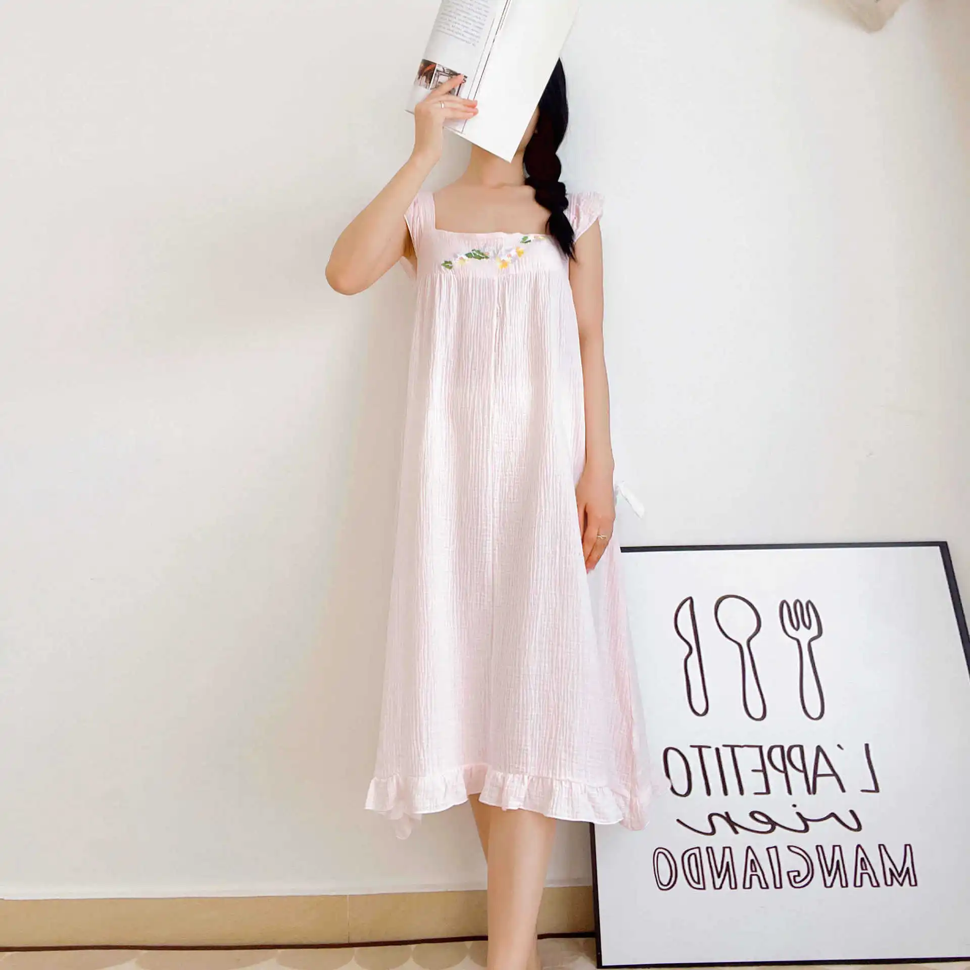 

Женское летнее пижамное платье, милая и сексуальная ночная рубашка до колен с вышивкой и квадратным вырезом, хлопковая одежда для отдыха без рукавов