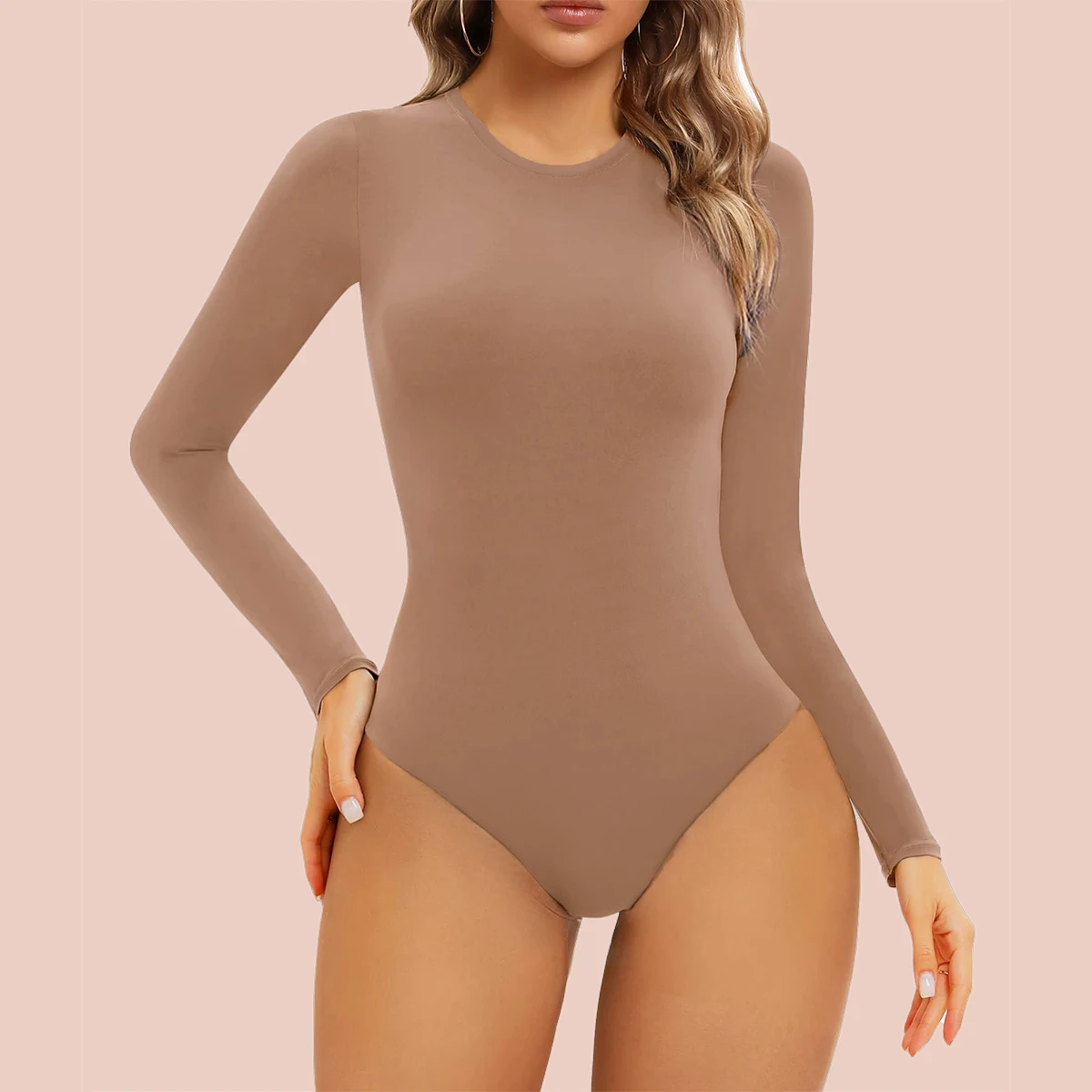 AROHA Body-Hugging Bodysuit for Women Long/Short Sleeve High Stretch Leotard Top Thong Crew Neck  Solid Color Slimming Catsuits