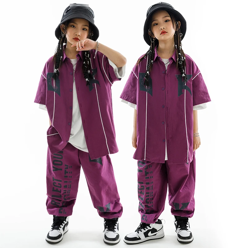 

2023 Summer Kids Clothes Boys Hip Hop Dance Costume Girls Tops Pants Purple Loose Suit Casual Street Dance Clothing Kpop BL10547