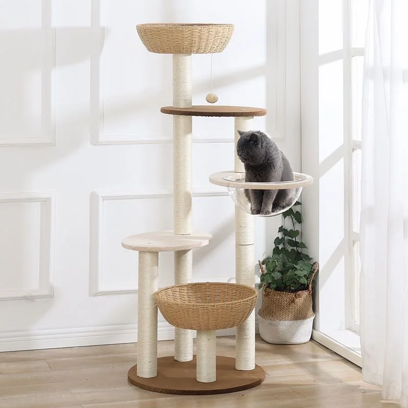 5 Layers Cat Climbing Frame Sisal Pillar Multi layer Cat Tree Condo Large Cat Bed High rise Woven Basket Solid Wood Cat Toys