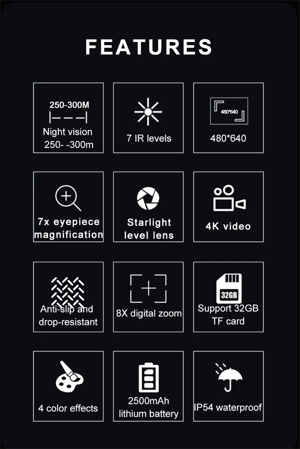 Monocular Night Vision Device 4K UHD Infrared Camera 8X Digital Light Zoom Hunti