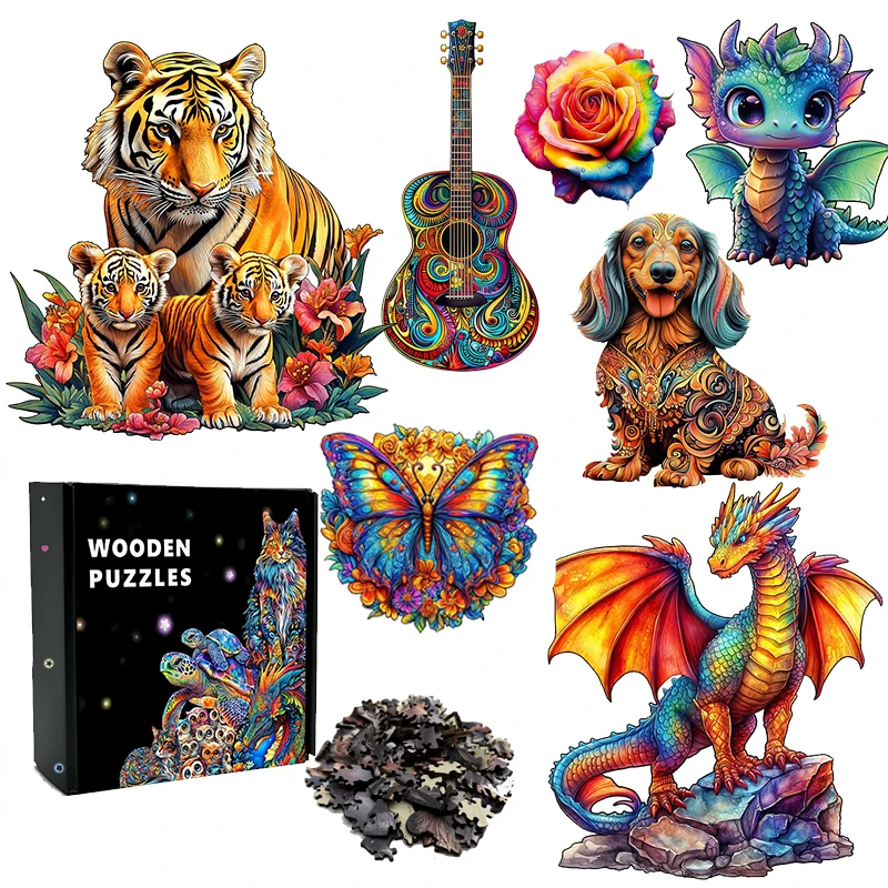 3D Tiger Animal Jigsaw Puzzle Unique Brain Training Educational Wooden Toy Gift for Adults Kids Interactive Games