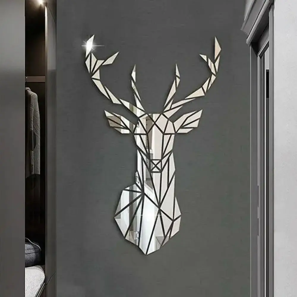 1SetMirrorDeerHeadWallStickerDetachable3D3DMirrorWallDecal