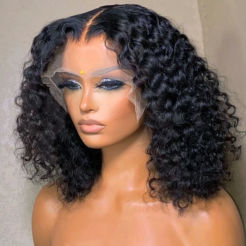 

Soft Natural Black 180 Density Short Bob Kinky Curly Lace Front Wig 180% Density For Black Women With Baby Hair Glueless Daily