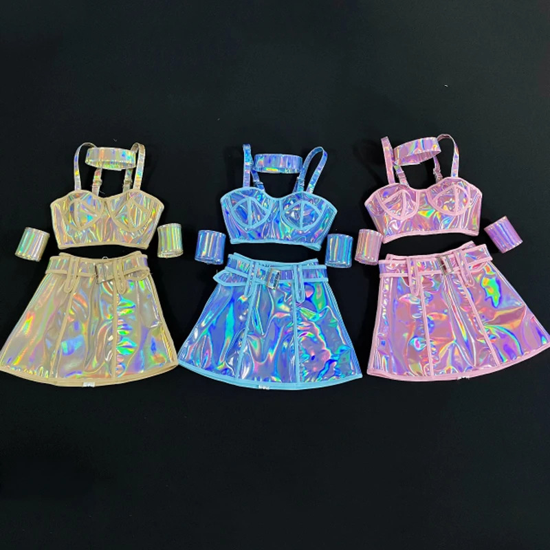 

Yellow Blue Pink Laser Reflective Top Skirt Women Jazz Dancer Clothing DS DJ Gogo Dance Costume Stage Rave Kpop Outfit XS6996