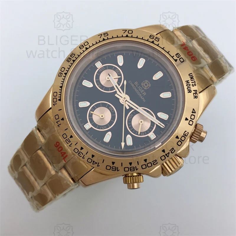 BLIGER Luxury Fashion Rose Gold Quartz Chronograph Business 39mm Sapphire Crystal Men's Watch VK63 Movement Luminous Black Dial