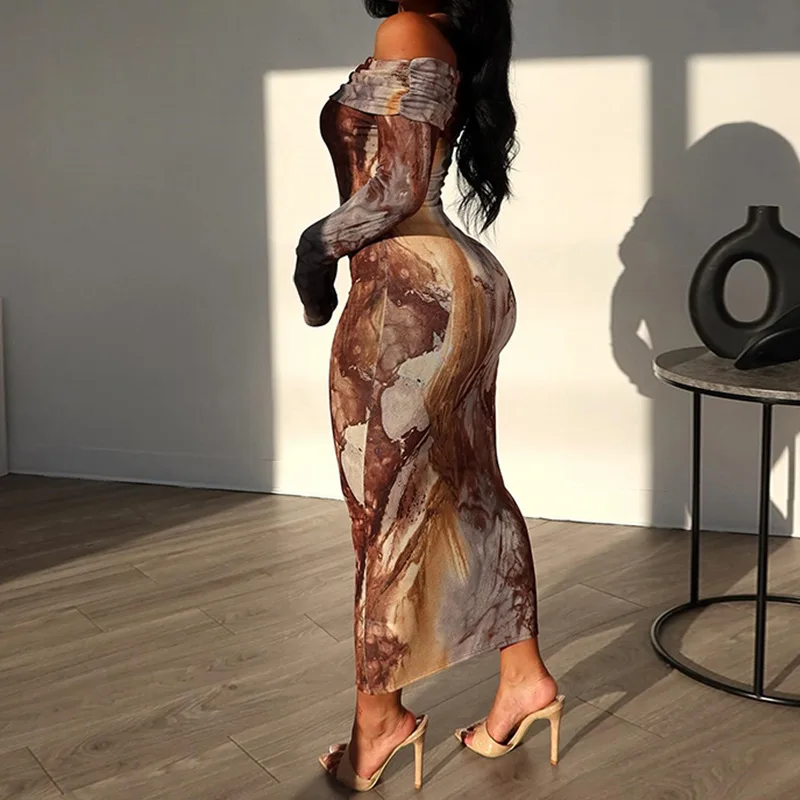 Spring New Women's Off-shoulder One-word Collar Long-sleeved Bodycon Dress Fashion Tie-dye Slim-fit Autumn Women's Casual Dress