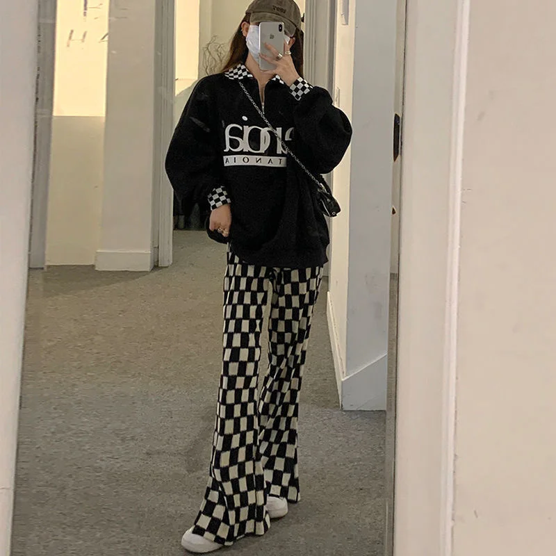 khaki pants Checkerboard Flares Leggings Pants Plaid Pants Wide Leg High Waist Women Summer Autumn Thickened Loose Korea Fashion Boot Pants track pants