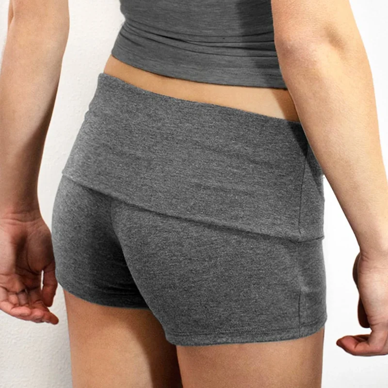 Summer Slim Yoga Shorts Women Casual Solid Color Fold Over