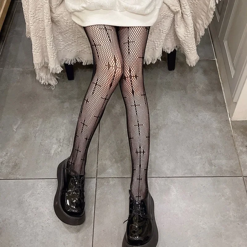 Kreuz Druck Club Strumpfhosen Frauen Sexy Mesh Strumpfhosen Fishnet Nylon Fantasie Körper Strümpfe Schwarz Lange Gothic Lolita Mädchen Hohe Socken