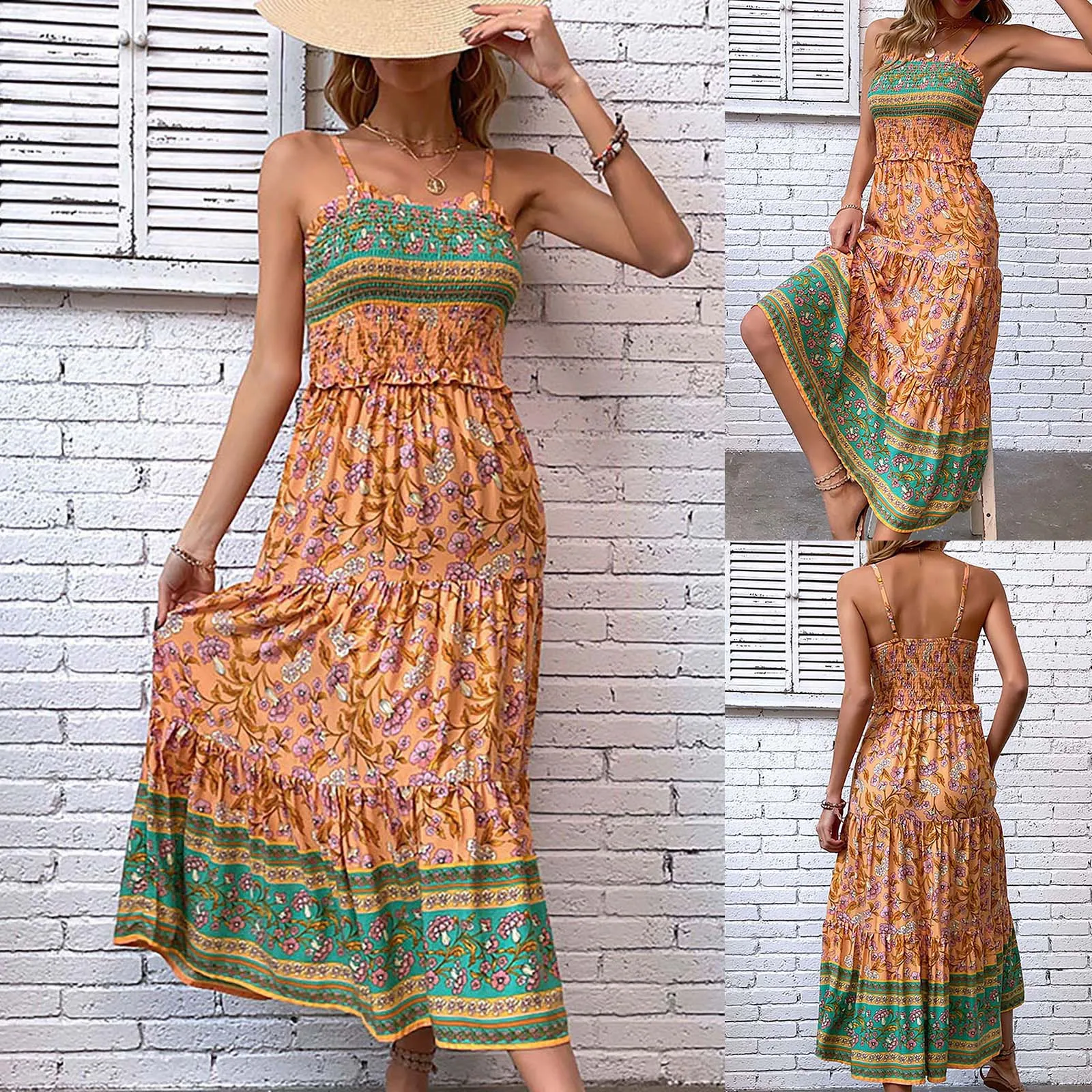 

Summer Ruffles Strapless Bohemian Long Dress Women's Vintage Flower Print Loose Casual Spaghetti Strap Dress Beach Sundress