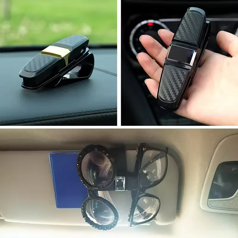 Sunglasses Clip Glasses Holder for Car Sun Visor Sunglasses Clip Card Ticket Holder Eyeglasses Fastener Carbon Fiber Black Silver
