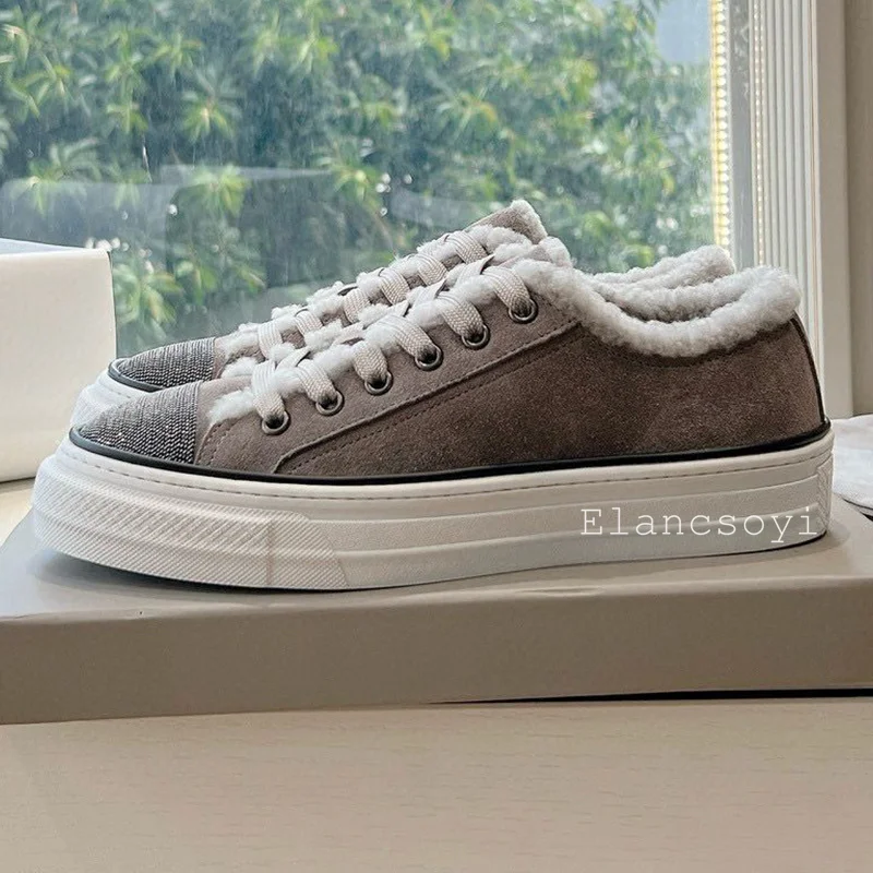 Autumn Winter Real Wool Lining Warm Flat Shoes Women Think Bottom Lace Up Casual Board Shoes Round Toe String Bead Walking Shoes 5
