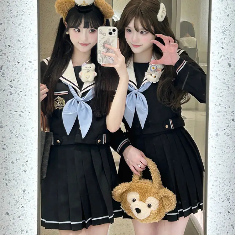 Japan JK College Sailor Suit Navy Collar Top Pleated Skirt Two-Piece Set Women Bow Embroidery Sweet Fashion Color Contrast 2024
