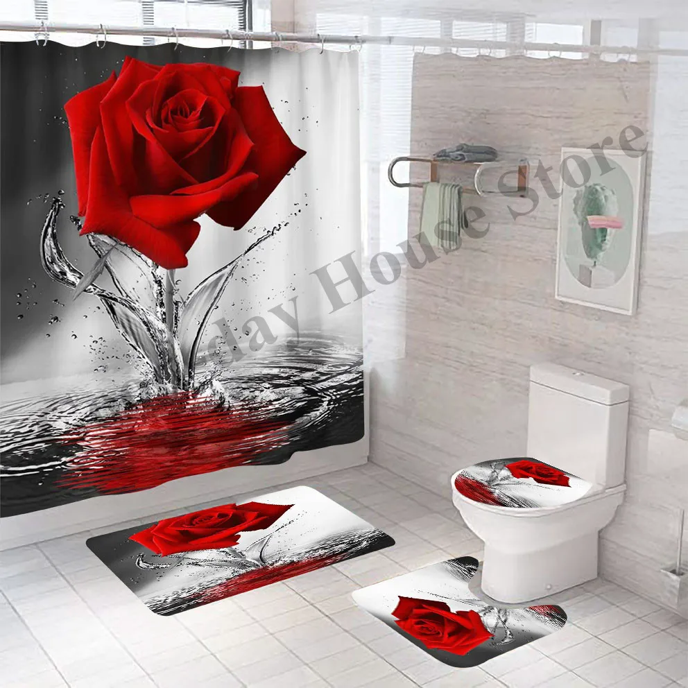 3D Luxury Greek Bathroom Curtains Shower Curtain Set Modern Geometric Ornate Red Rose Bath Rug Toilet Carpet Decor