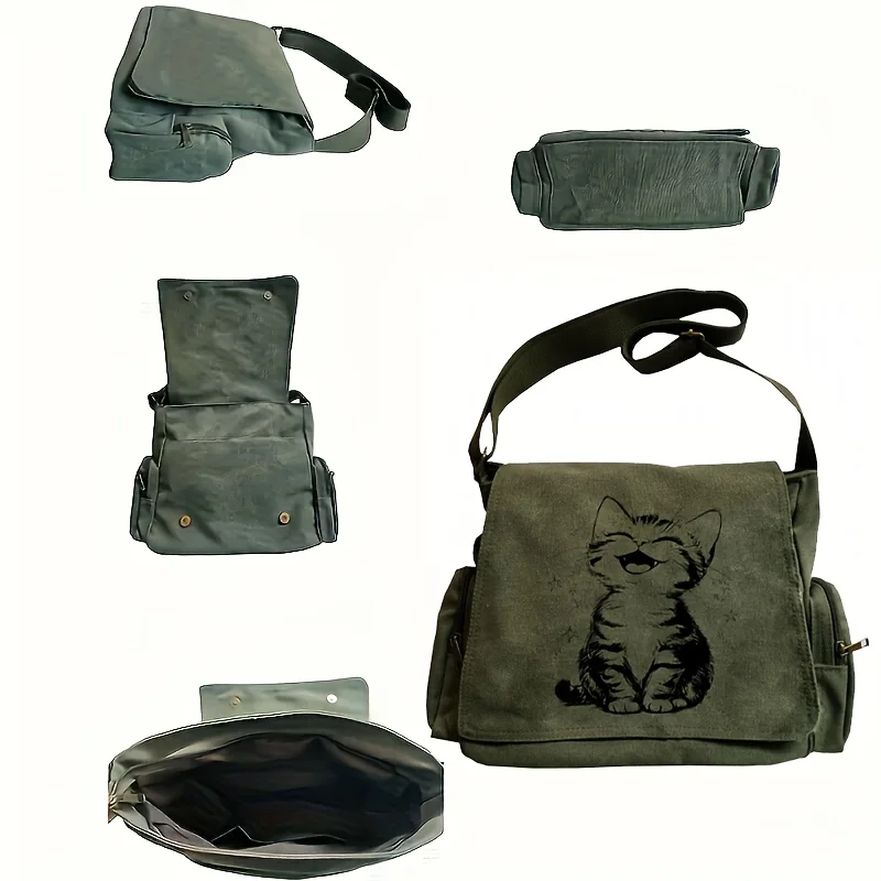 Large Capacity Women's Canvas Shoulder Bag Lovely Cat Printed Army Green Crossbody Bag For Women Laptop Bag