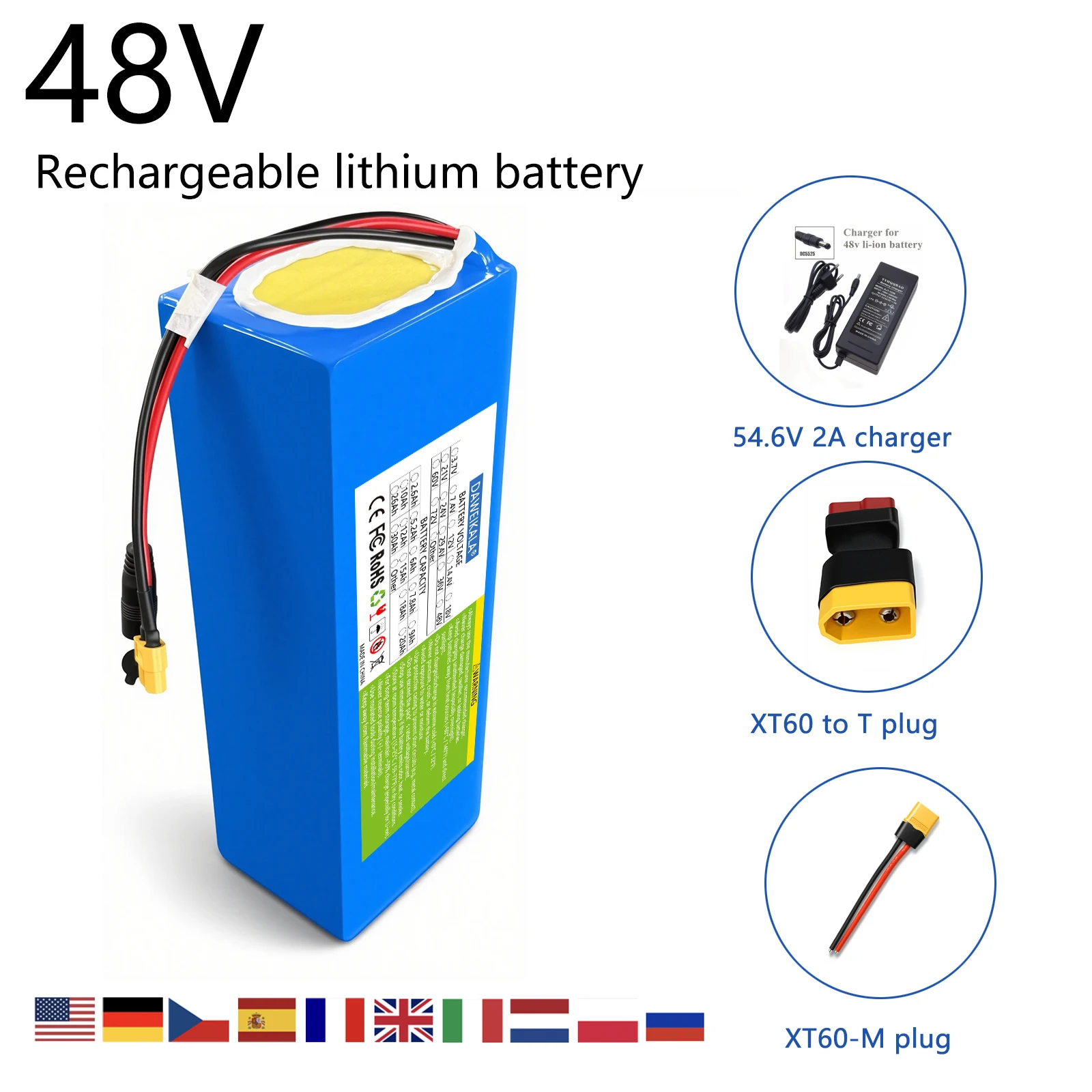 Batterie Lithium-Ion pour vélo électrique 48V 12ah, avec chargeur 30a BMS 1000 + Cycle de vie pour moteur 48V 250W-1000W, vélos et Scooters