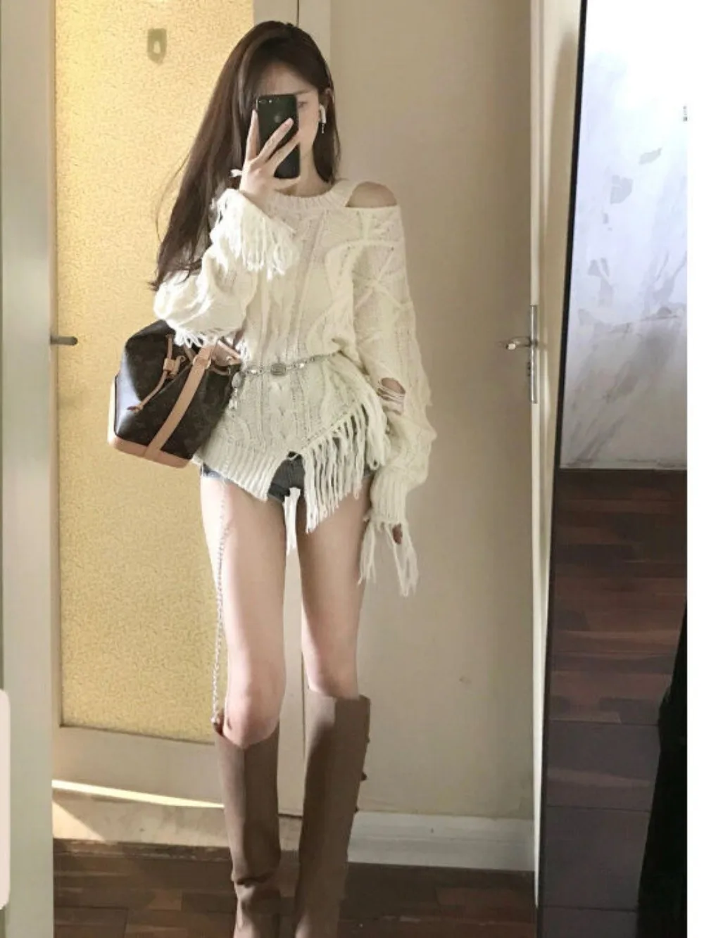 

Broken hole strapless sweater female spring and fall chic beauty temperament loose knit sweater top sweet and spicy imperial sis