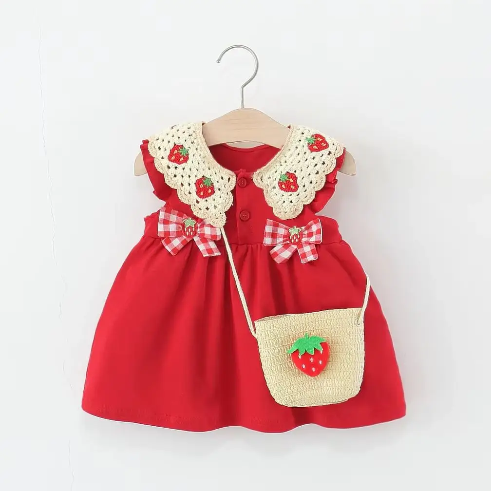 Baby Girl Bow Red Strawberry Dress Summer Element Knit Doll Collar Sleeveless Dress Baby Girl Dress with Bag 1