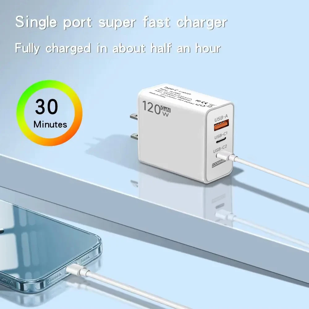 120W USB Type C Charger Fast Charging Mobile Phone Charger for iPhone 16 15 Pro Samsung S24 Xiaomi Quick Charge 3.0 Wall Adapter