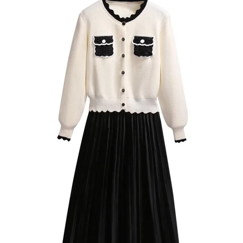 Spring Autumn Xiao Xiangfeng Suit Women's Fashion O-Neck Spliced Knitted Cardigan Sweater High Waist Half Skirt Two Piece Set