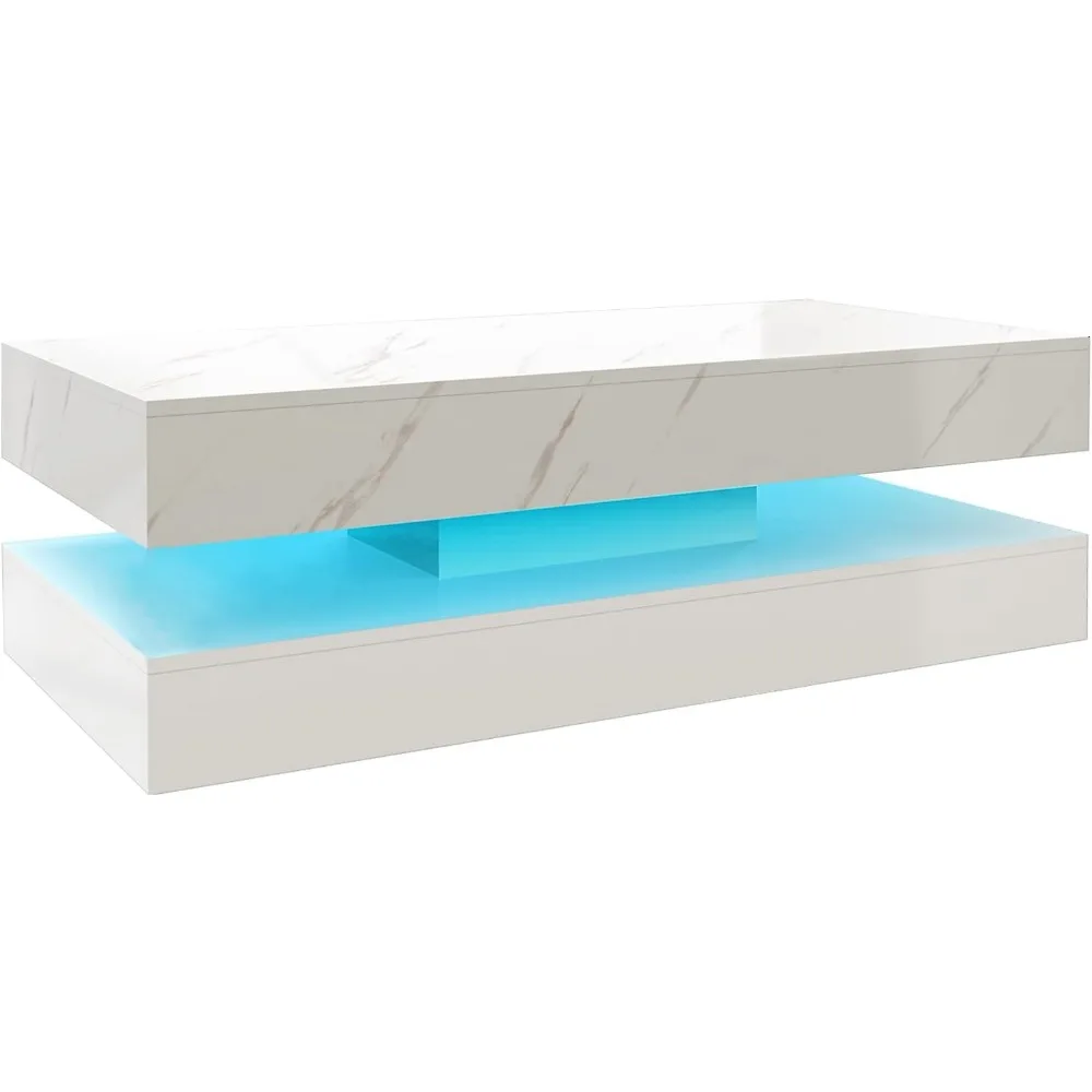 LED Coffee Table with 2 Storage Drawers, 2 Tiers Rectangle Center Table for Living Room with Marbling Print, Café Tables 2