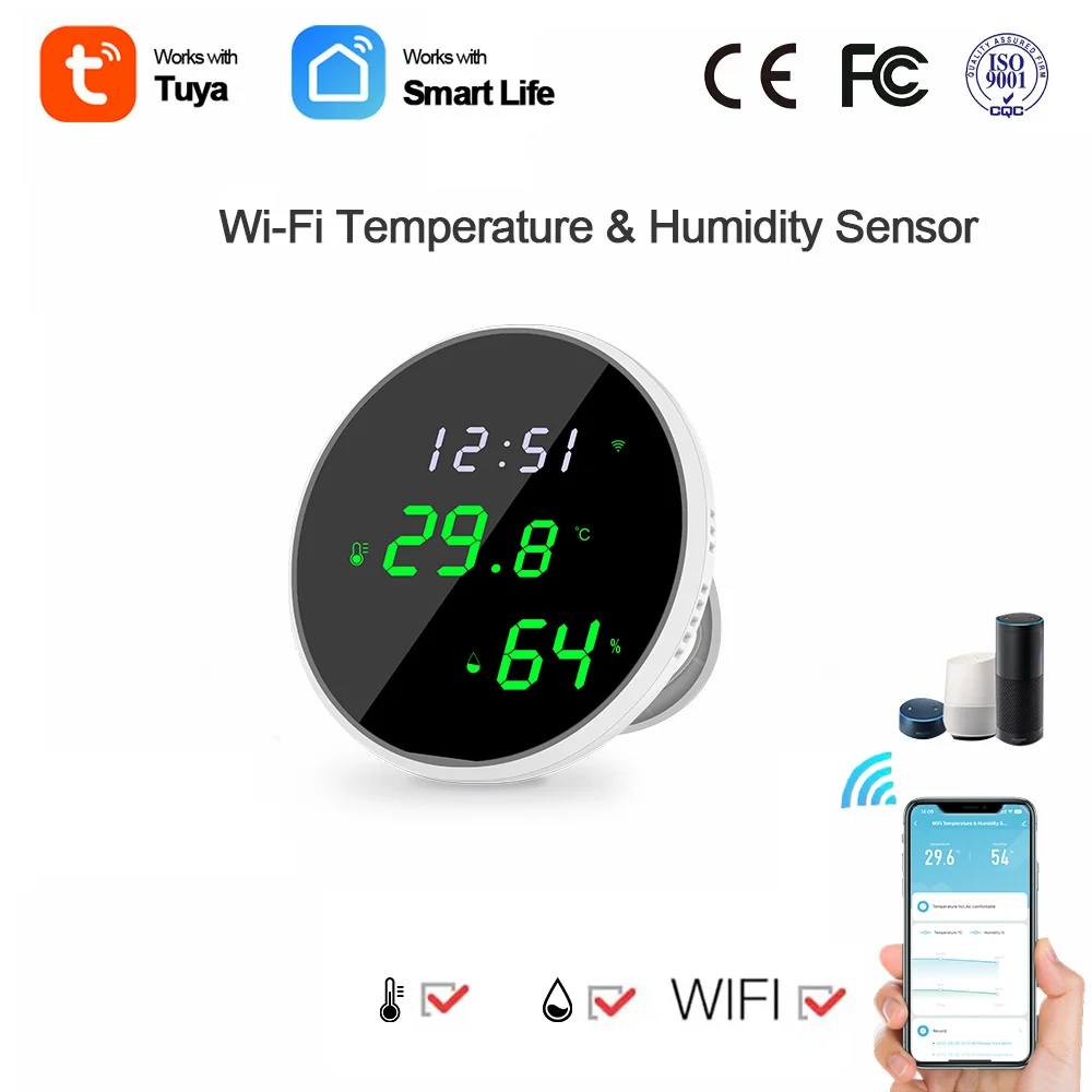 Tuya Wi-Fi Wireless Temperature & Humidity Sensor LED Mirror Screen Indoor Thermometer Detector USB Power Digital Display