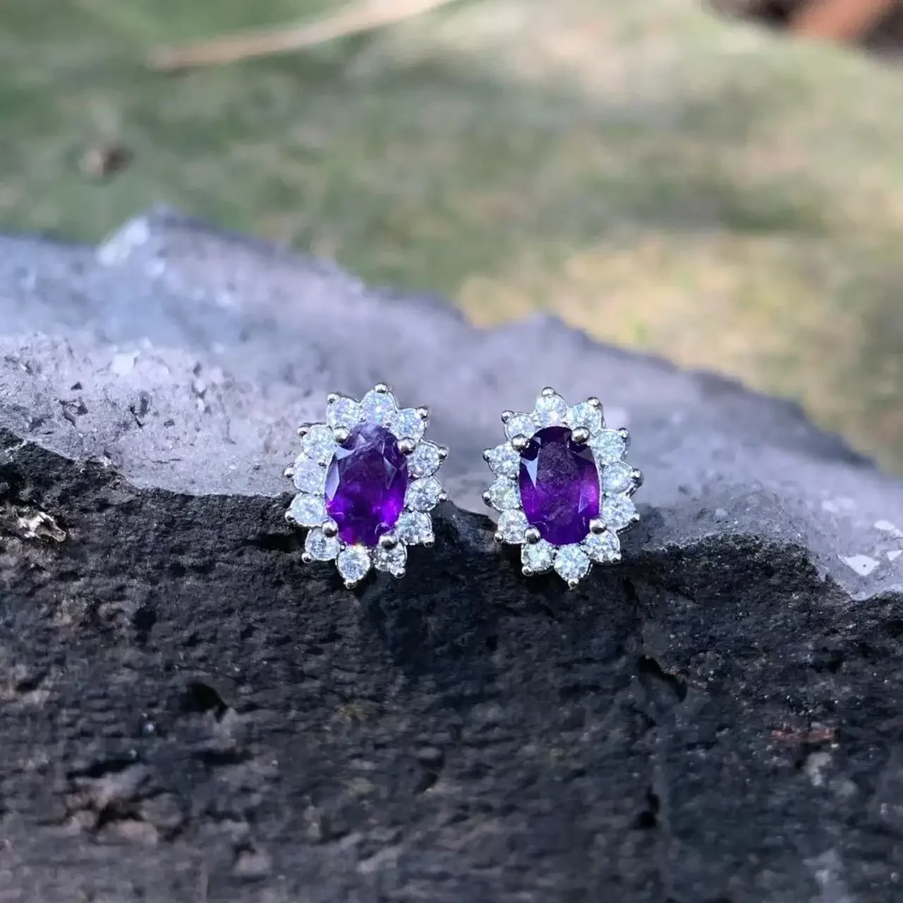 Genuine Natural Amethyst 925 Sterling Silver Stud Earrings for women Jewelry Gift  1.4ct Ocean Blue Topaz Oval Pave CZ