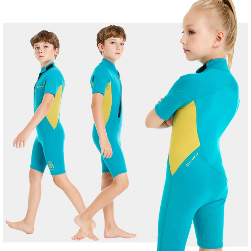 Girls Boys 1.5MM 2MM Diving Surfing Suit One-piece Swimsuit Warm Short Sleeved Thermal Insulation Front Zipper Shorty Wetsuit