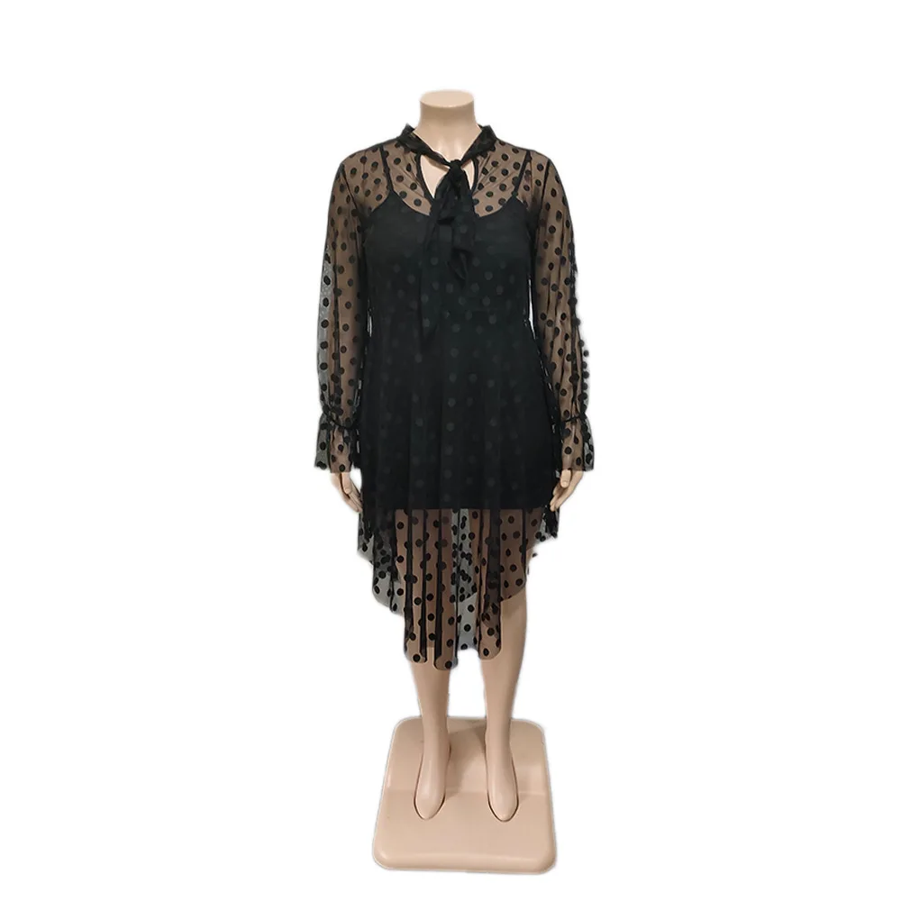 Plus Size Elegant Women Dress Dot Mesh Club Two Piece Outfit Fashion Casual Luxury Gown 2023 Summer Trendy Evening Party Dress